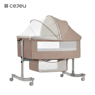 with Wheels, Cot with Mattress, Adjustable Bassinet, Side Bed, with Storage Basket, Mosquito Net, Foldable Portable Baby