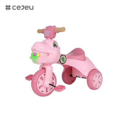 Dinosaur shaped tricycle for kids, with music, lights, storage box, pink, green, coffee color options