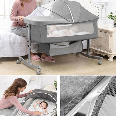 with Wheels, Cot with Mattress, Adjustable Bassinet, Side Bed, with Storage Basket, Mosquito Net, Foldable Portable Baby