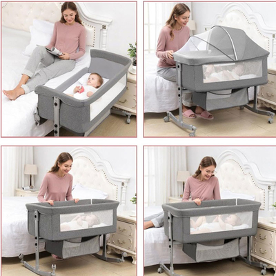 with Wheels, Cot with Mattress, Adjustable Bassinet, Side Bed, with Storage Basket, Mosquito Net, Foldable Portable Baby
