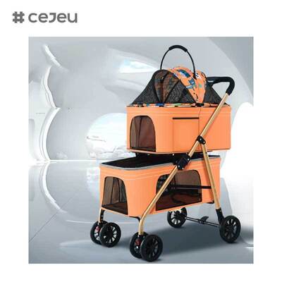 CJ-TQ-747-B Four-Wheel Lightweight Double-Layer Pet Stroller Shock-Absorbing Foldable Cage Puppies Carriers Travel
